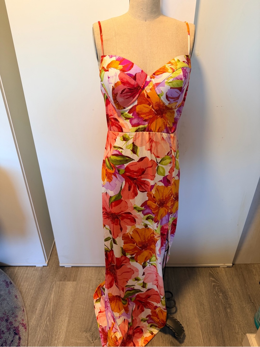 Floral Maxi Dress with Sweetheart Neckline - Pink & Orange
